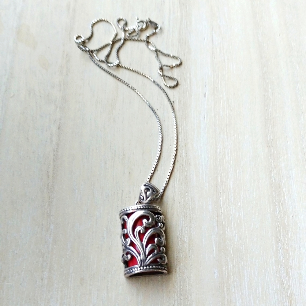 Vtg Sterling pendant and silver chain with red coral